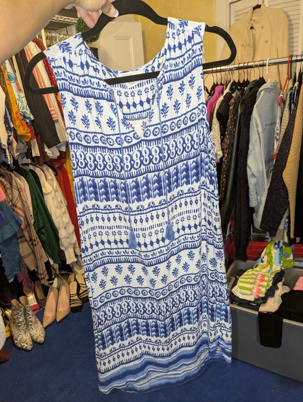 Beachlunchlounge Rayon Tassel Shift Sundress Blue White Mosaic Print M